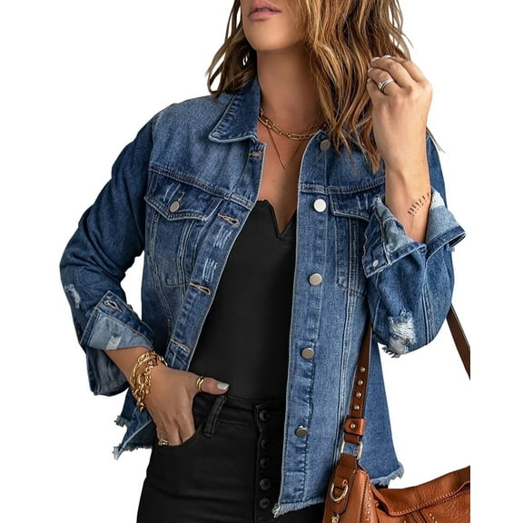 Necooer Women's Jean Jacket Distressed Washed Button Up Boyfriend Denim Jacket Coat With Pockets(blue,medium)