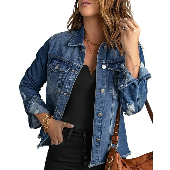 Necooer Women's Jean Jacket Distressed Washed Button Up Boyfriend Denim Jacket Coat With Pockets(blue,small)