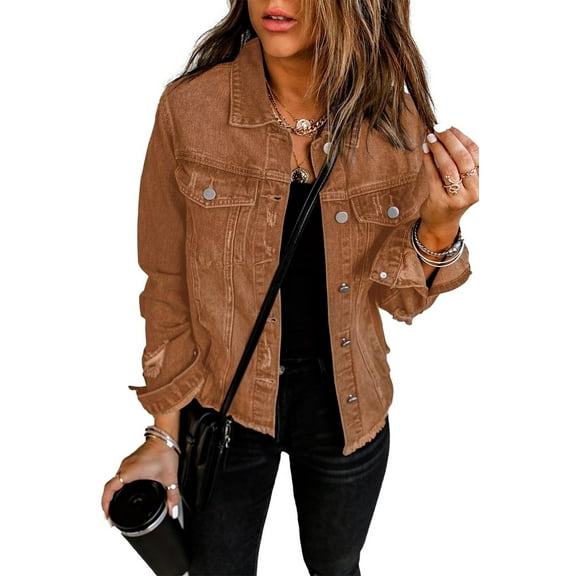 Necooer Women's Jean Jacket Distressed Washed Button Up Boyfriend Denim Jacket Coat With Pockets(brown,X-large)