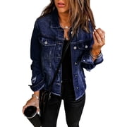 Necooer Womens Jean Jacket Distressed Washed Button Up Boyfriend Denim Jacket Coat With Pocketsdark Blue,XX-large