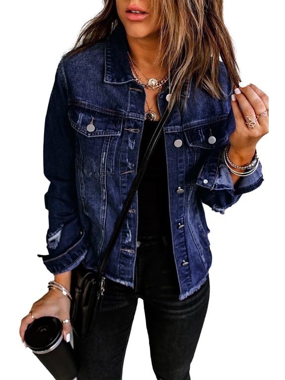 Women's Jean Jacket Distressed Washed Button Up Boyfriend Denim Jacket Coat With Pockets(dark Blue,XX-large)