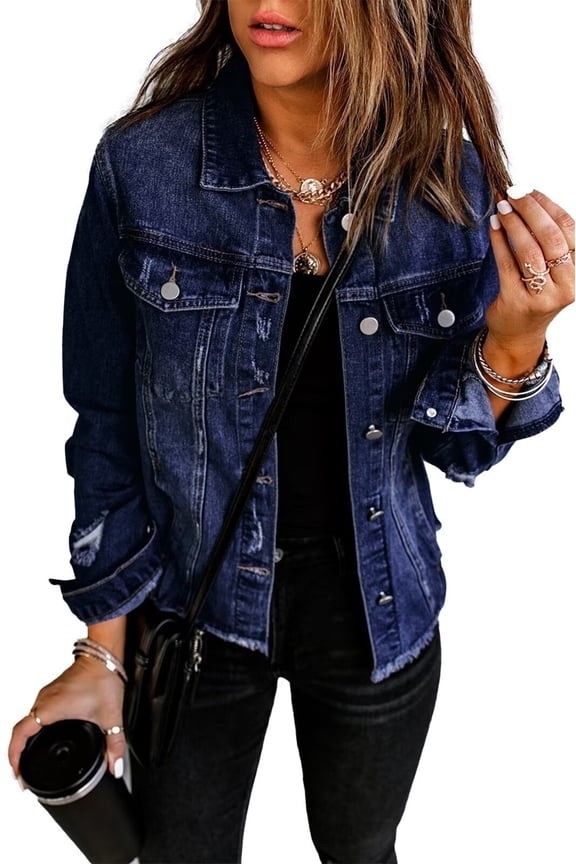 Women's Jean Jacket Distressed Washed Button Up Boyfriend Denim Jacket Coat With Pockets(dark Blue,large)