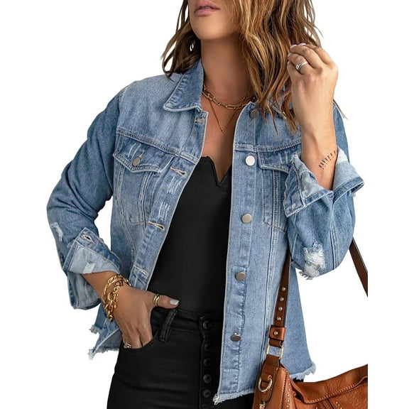 Necooer Women's Jean Jacket Distressed Washed Button Up Boyfriend Denim Jacket Coat With Pockets(light Blue,small)
