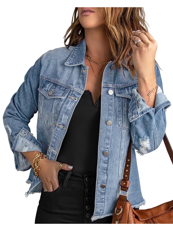 Women's Jean Jacket Distressed Washed Button Up Boyfriend Denim Jacket Coat With Pockets(light Blue,small)