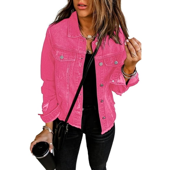 Necooer Women's Jean Jacket Distressed Washed Button Up Boyfriend Denim Jacket Coat With Pockets(pink,X-large)