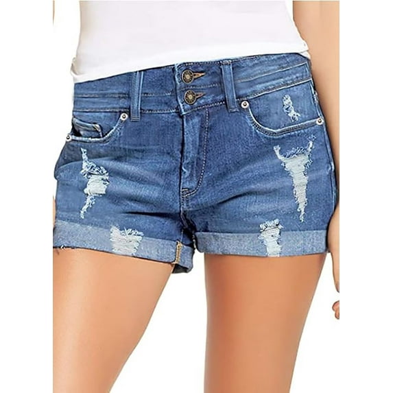 Necooer Women's Summer Casual Denim Shorts Double Button Ripped Jeans Rolled Stretchy Hot Short(L,Blue 05)
