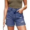 thumbnail image 1 of Necooer Womens Blue Denim Shorts Summer High Waist Folded Hem Stretchy Distressed Denim Shorts, 1 of 8