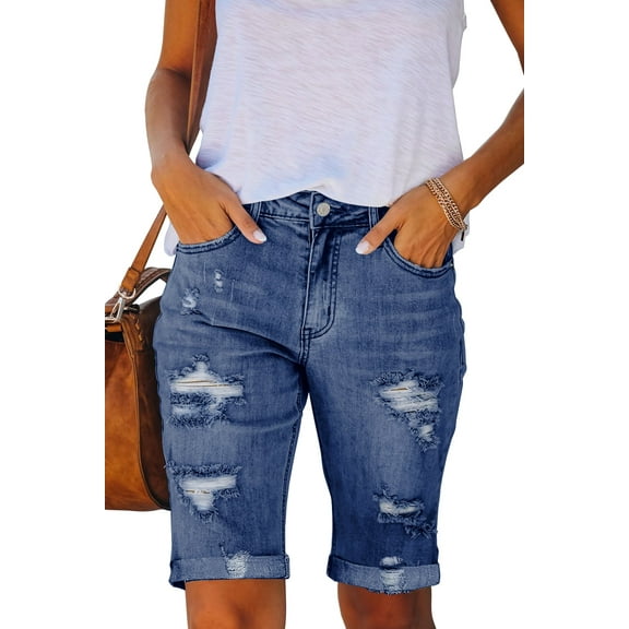 Necooer Women's Elastic High Waisted Bermuda Jean Shorts, Stretchy Distressed Denim (X-Large, A-Blue)