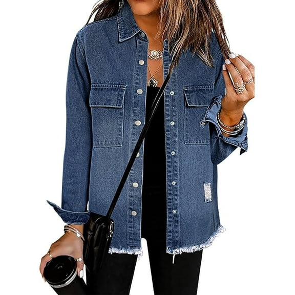 Necooer Womens Casual Denim Jacket Button Up Tear Style Long Sleeved Denim Jean Jacket Boyfriend Blue Jean Coat