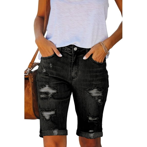 Necooer Womens Casual Ripped Five Points Denim Shorts Sexy High Waist Black Rolled Hem Plus Size Shorts Jeans (XX-Large,A-Black)