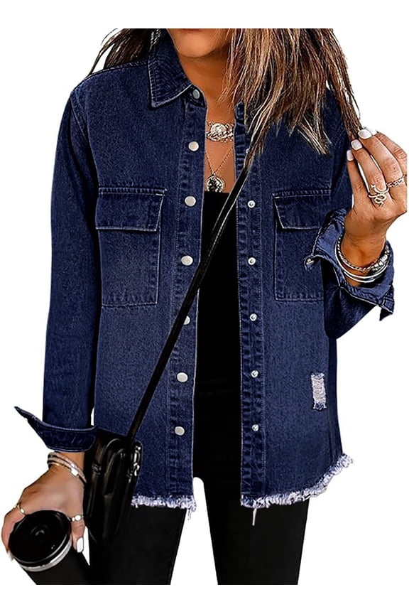 Womens Denim Casual Light Jean Jackets Oversized Boyfriend Denim Jacket Dark Blue