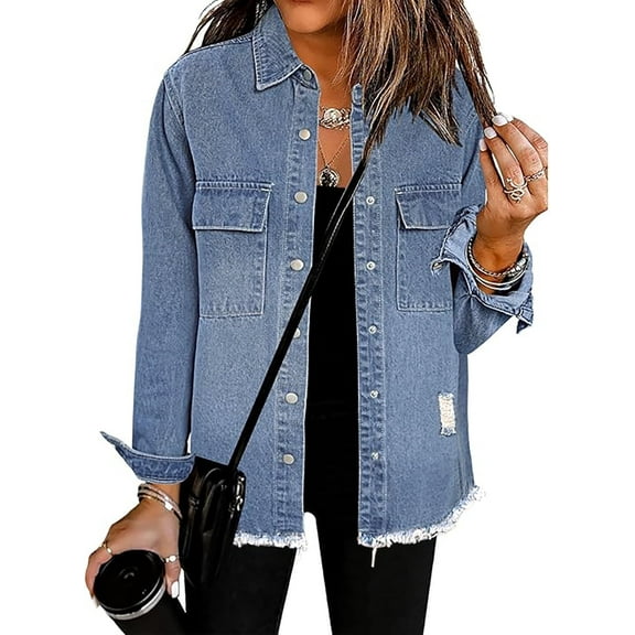 Necooer Womens Light Blue Casual Denim Jacket Button Up Tear Off Boyfriend Style Long Sleeved Denim Jacket