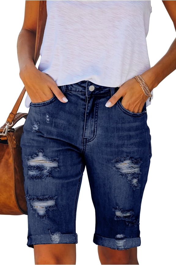 Women's Mid Waist Ripped Stretchy Bermuda Jean Shorts with Rolled Hem (Large, A-Dark Blue)