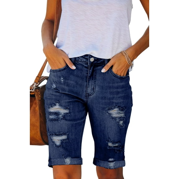 Necooer Women's Mid Waist Ripped Stretchy Bermuda Jean Shorts with Rolled Hem (Large, A-Dark Blue)
