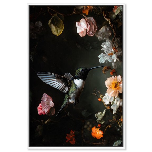 Nectar Thief II Canvas Birds and Flowers by Art Remedy, White Frame, 24 x 36