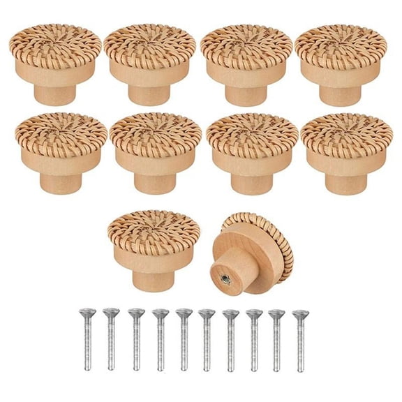 Necvior 10Pcs Single Hole Natural Wooden Dresser Knobs Rattan Drawer Door Pulls Kitchen Bedroom Furniture Hardware