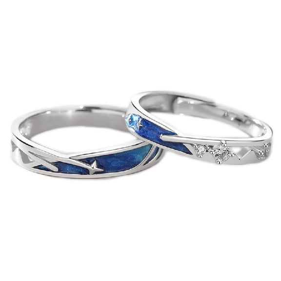 Necvior 2 Pcs Chic Sea Blue Meteoric Star Couple Opening Rings Adjustable for Teenagers