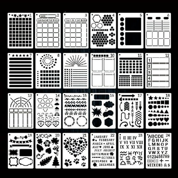 Necvior 24Pcs Journal Stencils 5'''' Drawing Templates for Planner Notebook Scrapbook Calendars Schedule