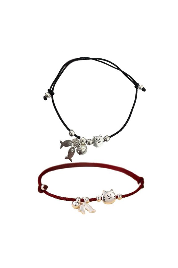 2PCS Cats And Fish Design Black Red Cord Bracelet Set Handmade For Couples Friend