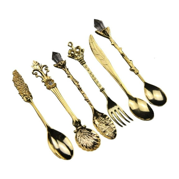 Necvior 6 Piece Antique Metal Coffee Spoons Set Crystal Zincs Kitchen Carving Teaspoons
