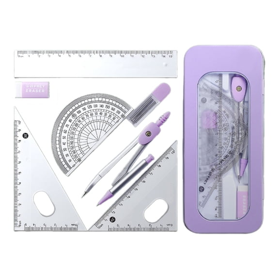 Necvior 7Pcs Professional Mathematical Geometry Tool Set Student Geometry Math Set with Compass, Set Square, Eraser, Protractor