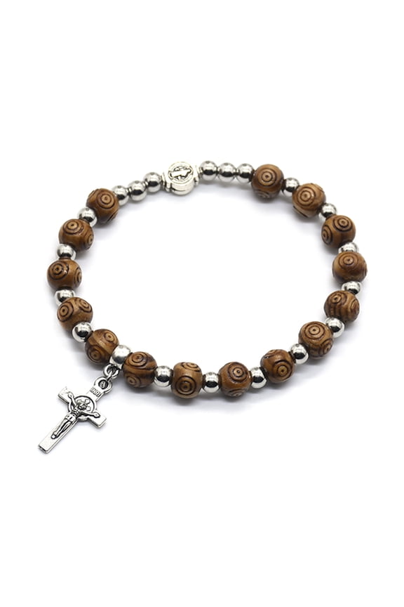 8mm Wood Beads Rosary Bracelet Vintage Jesus Christ Crucifix for Cross Wristband Chain Bracelets Men Unisex Jewelry Charm Gift