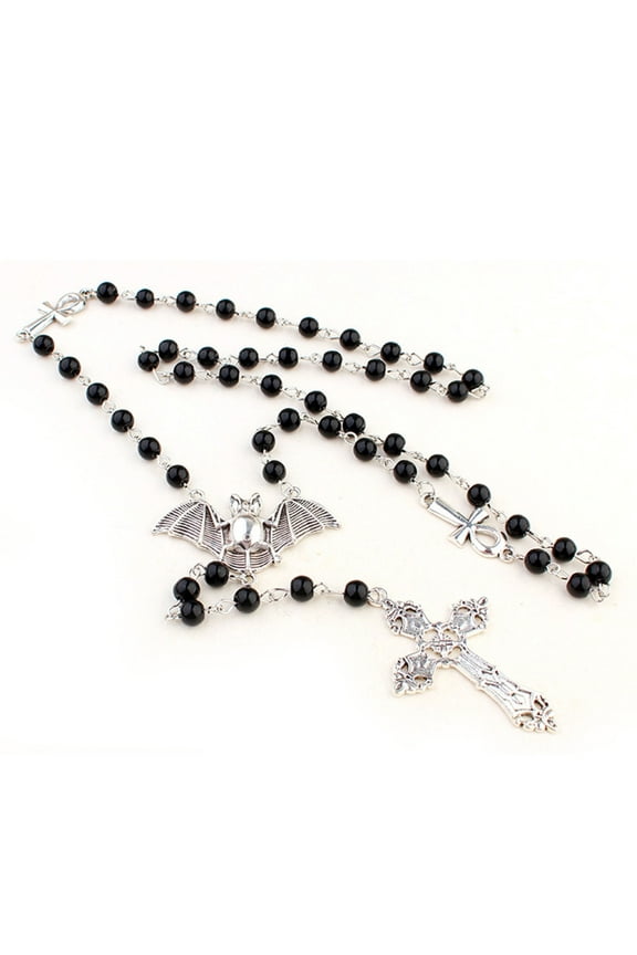 Ankh Cross Bat Pendant Necklace Goth Long Rosary Beaded Necklace Jewelry Y2k Punk Sweater Chain Necklace