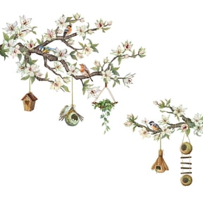 Necvior Bird on Flower Branch Window Cling, Removable Wall Stickers Flower Decal Decorations for Glass Window