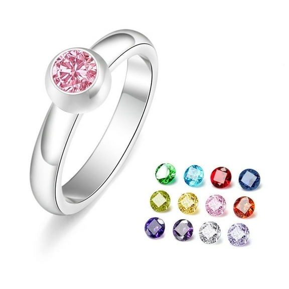 Necvior Birthstone Ring with 12 Color Zircon Replaceable Simple Stackable Finger Ring