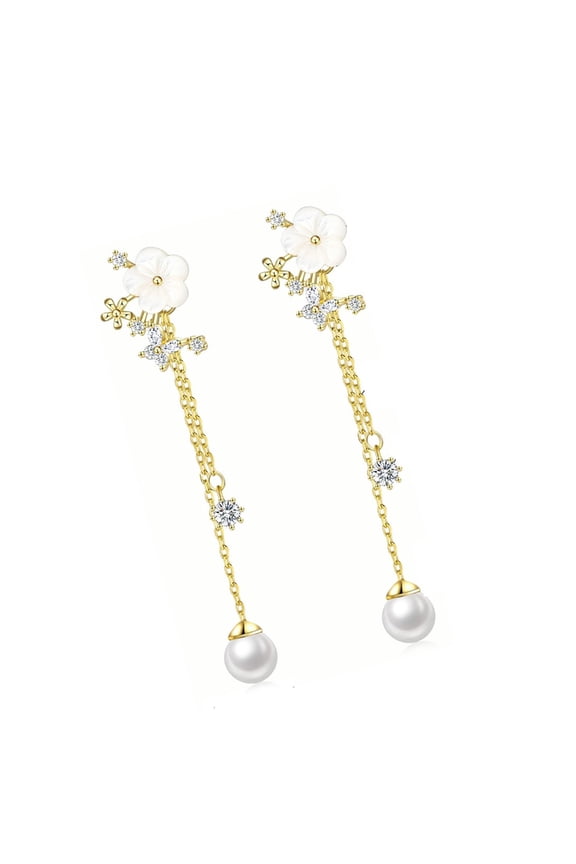 Delicate Flower Design Dangle Earrings With Simulated Pearls Chain Bridal Jewelry Glossy Gold or Silver Finish