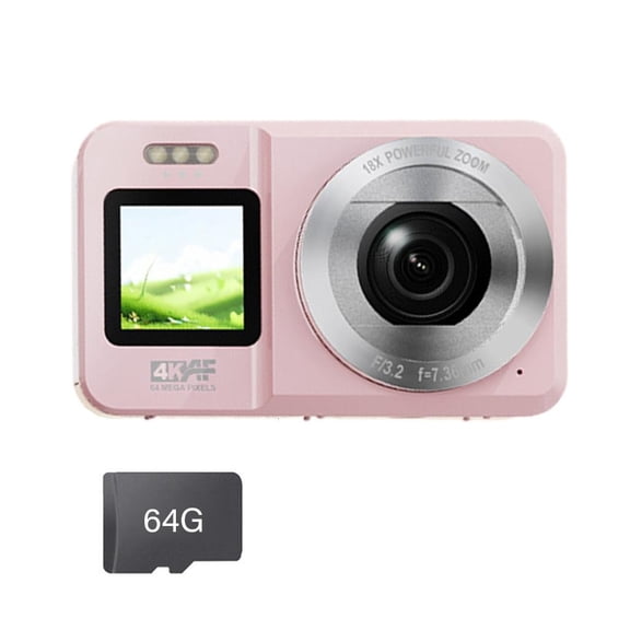 Necvior Double Screen 4K Video Camera 64MP 18X Digital Zoom Portable Camera Pink for Teens School Activity Travel