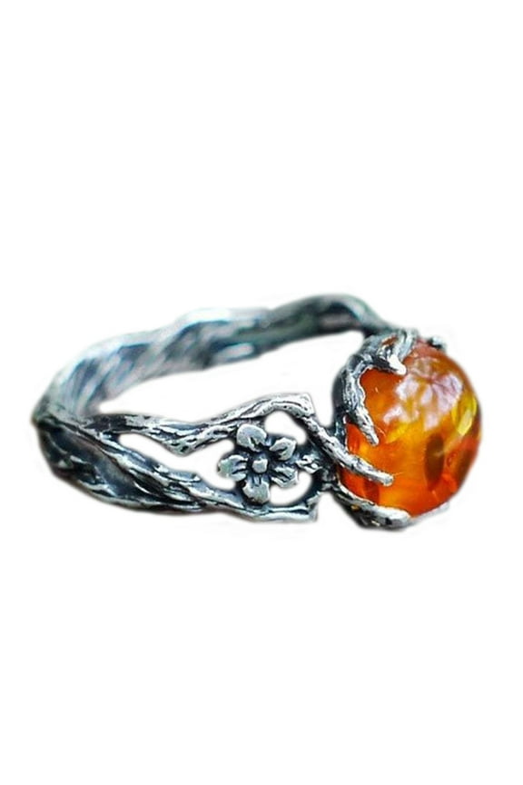 Exquisite Orange Transparent Stone Ring Ladies Vintage Silver Color Finger Ring
