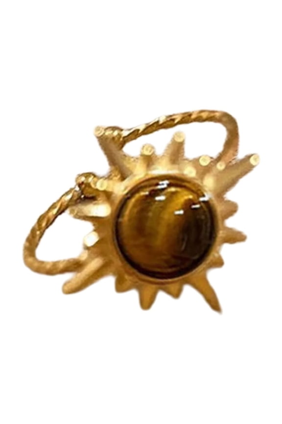 Fashionable Gold Sunflower Ring with Oval Tigers Eye Holiday Jewelry for Women