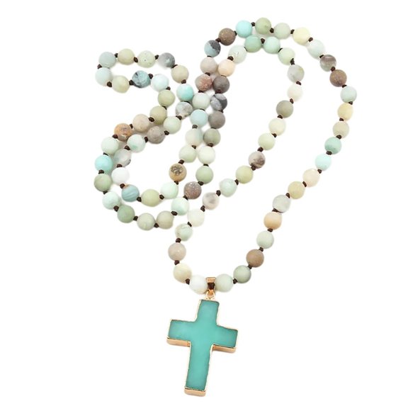 Necvior Handcrafted 8mm Beaded Stone Necklace with Crucifix Pendant Bohemian Neckchain