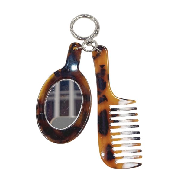 Necvior Leopard Pattern Acetate Comb Keychain with Makeup Mirror Bag Pendant Acetate Keyring Charm Trendy Gift for Women Girls