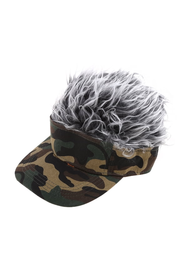 Low Profile Cotton Baseball Cap with Fake Hair Wig Camouflage Print Visor Hat