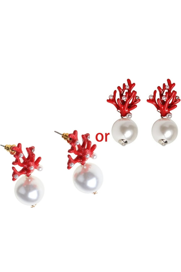 Red Coral Deer Antler White Faux Pearl Stud Christmas Earrings Fashion Xmas Gift