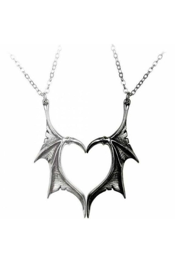 Retro Bat Wing Heart Pendant Matching Necklace 2x/Set Couple Necklace for Friend