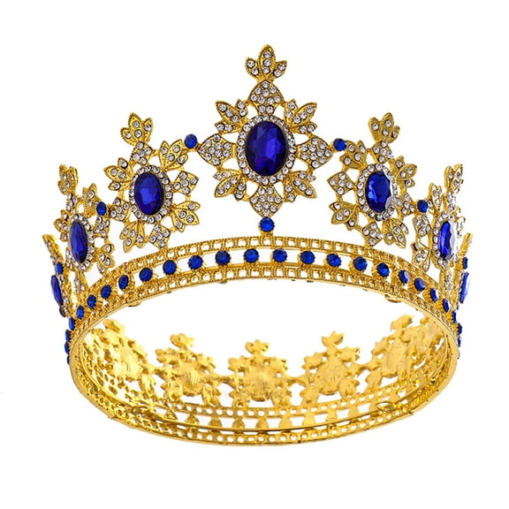 Necvior Royal Queen King Crowns Gold Tiaras Baroque Round Crown Diadem Prom Wedding Hair Jewelry Blue for Rhinestone Headband De