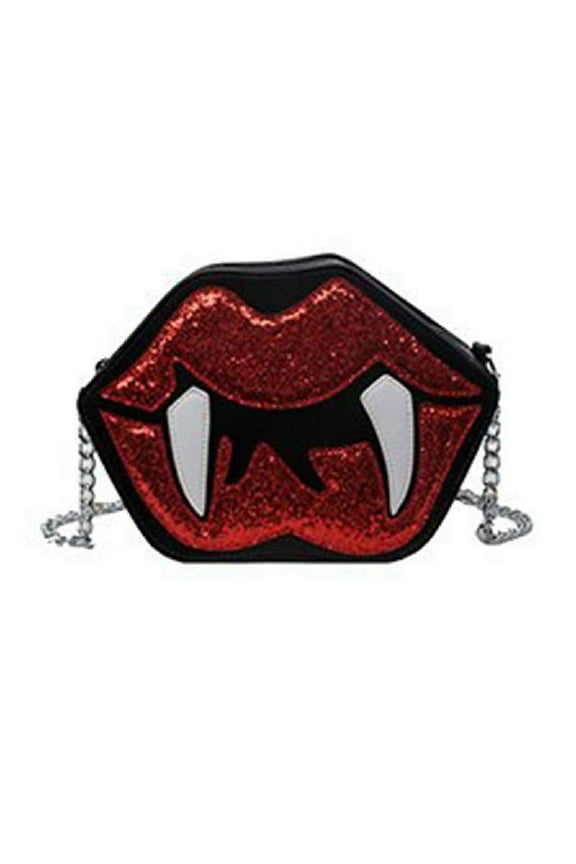 Sequined PU Shoulder Bag Aesthetic Gothic Vampire Tooth Lip Shape Crossbody Bag Evening Purse with Metal Chain