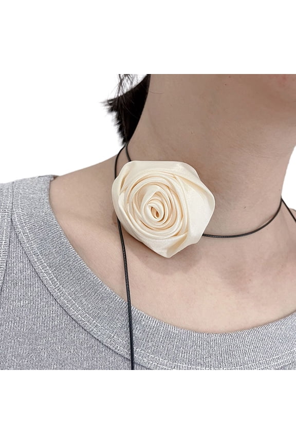Silk Rose Flower Choker Necklace Temperament Long Lace-up Necklace Neck Chain