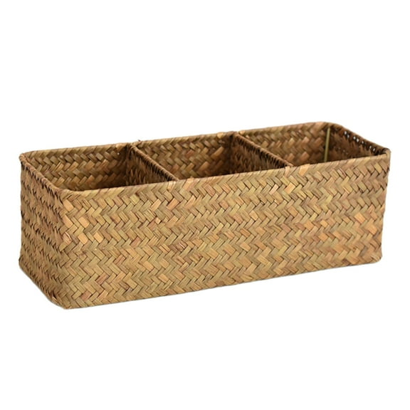 Necvior Stylish Sea Grass Compartment Organizer Three Grids with Lid Storage Basket