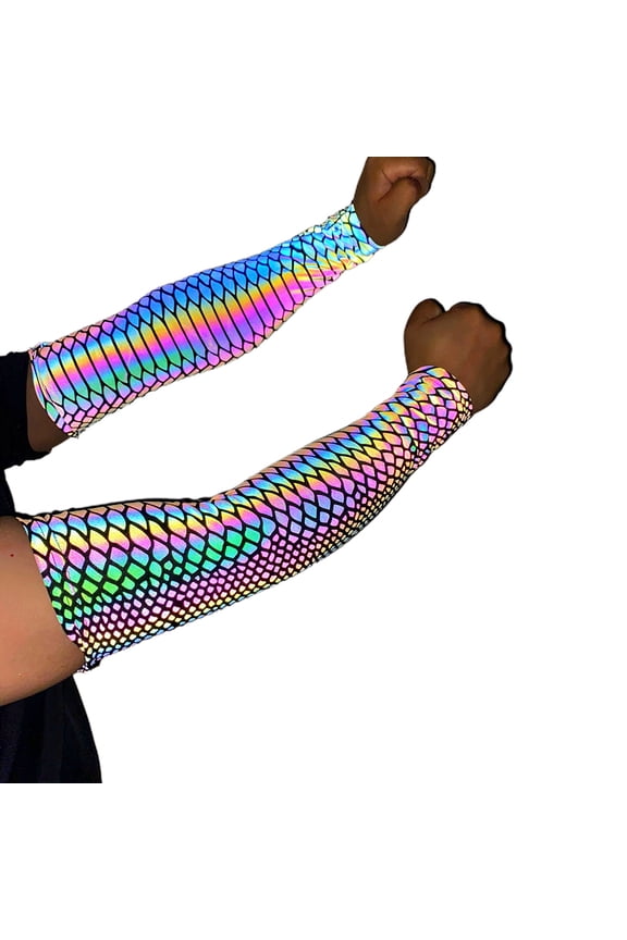 Unisex Rainbow Colorful Reflective Arm Sleeves Glowing Compression Fingerless Gloves Sports Elbow