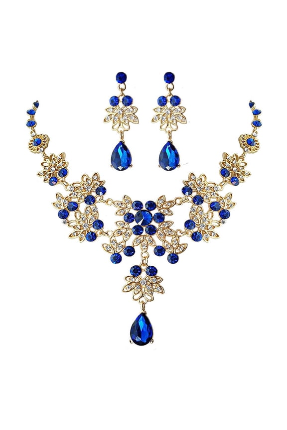 Vintage Floral Teardrop Pendant Necklace Dangle Drop Earrings Blue Crystal Wedding Jewelry Set for Sisters Families