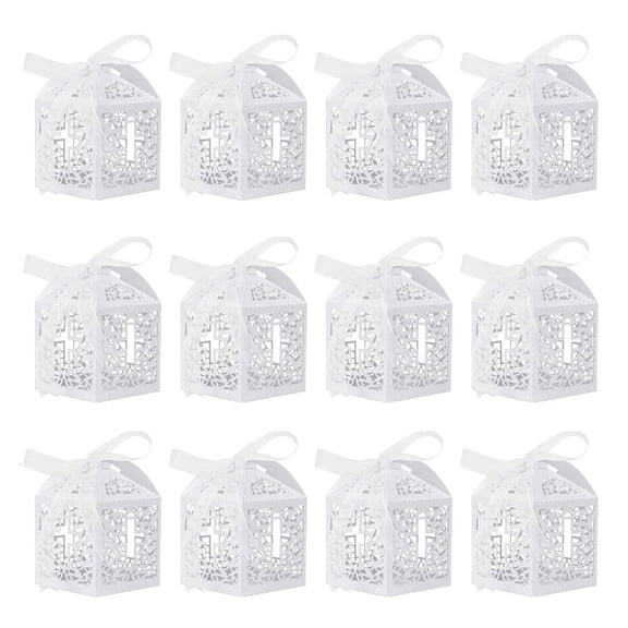 Necvior White Crosses Themed Party Favors Boxes White Crosses Favors Boxes with Ribbons for Elegant Wedding and Baptisms Decors