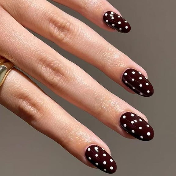 Necvior White Polkas Dot Fake Nail Wine Red Easy DIY Application ABS Materials 24pcs