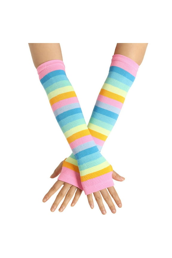 Women Girl Knitted Over Elbow Long Arm Warmers US Rainbow Stripes Patchwork