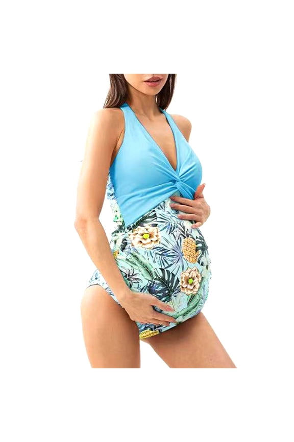 Women Swimsuit Maternity One Piece Bathing Suit V-Neck Ruffled Back Tie Ruching