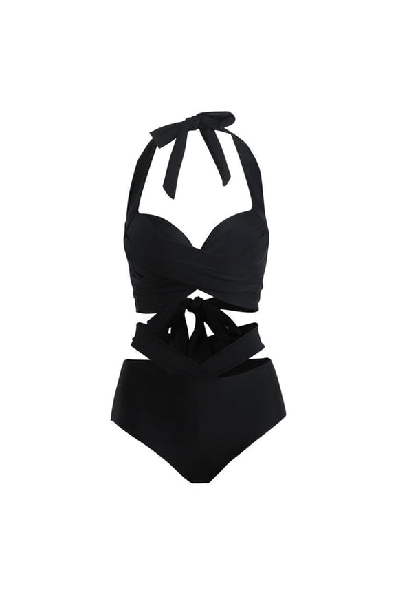 Women Two Pieces Twist Swimsuit Push Up Backless Bikini Solid Color Lacing Swimwear Bikini Bathing Suit Beachwear