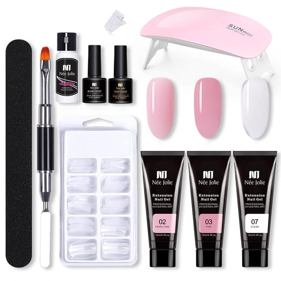 Nee Jolie Nail Gel Extension Starter Kit with Mini LED Lamp Manicure Salon Tools Set 3 Colors 15ml (0.51 fl oz) 5.12 inches / 13 cm